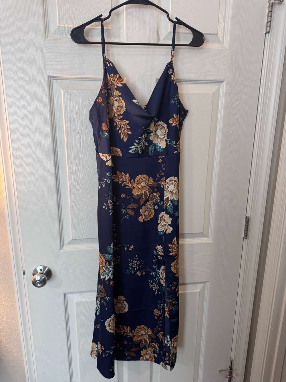 Amazon Navy Floral Midi Slip Dress with Gold and Teal Accents